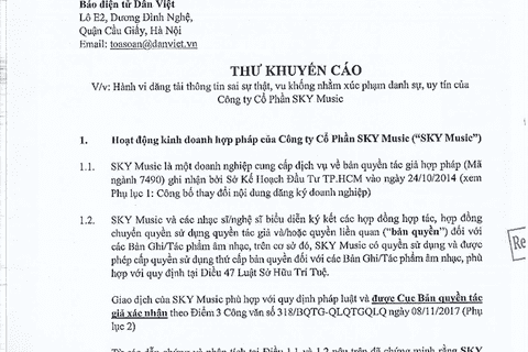 SKY MUSIC Phản Hồi Thông Tin Vi Phạm Bản Quyền